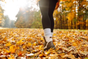 Close-up of a young female hiker's legs in hiking boots walking on bright fallen leaves. A female traveler walks through a sunny forest. Travel, hiking concept.